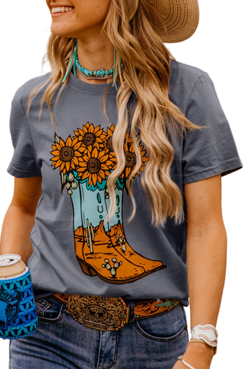 Women's Gray Sunflower Cowgirl Boots Graphic Tee - Western Fashion Casual T-Shirt - Main View