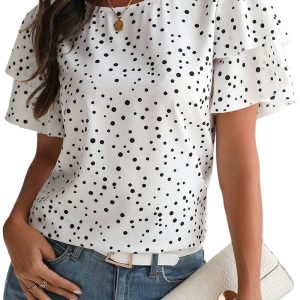 Women's White Dalmatian Print Layered Ruffled Short Sleeve Blouse - Main View
