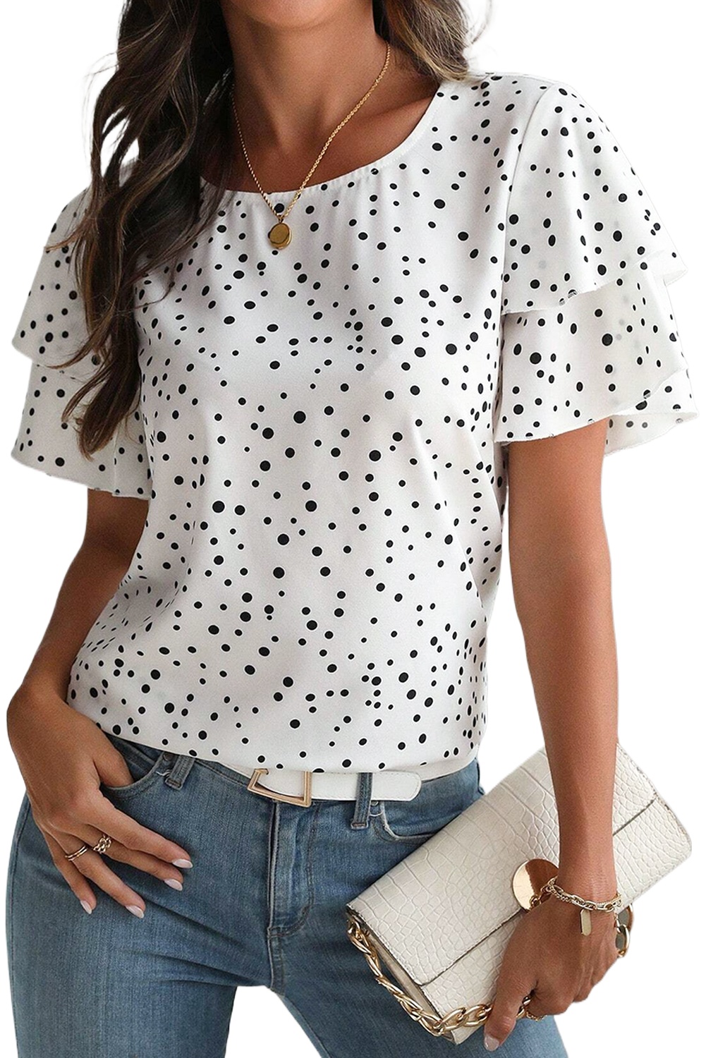Women's White Dalmatian Print Layered Ruffled Short Sleeve Blouse - Main View