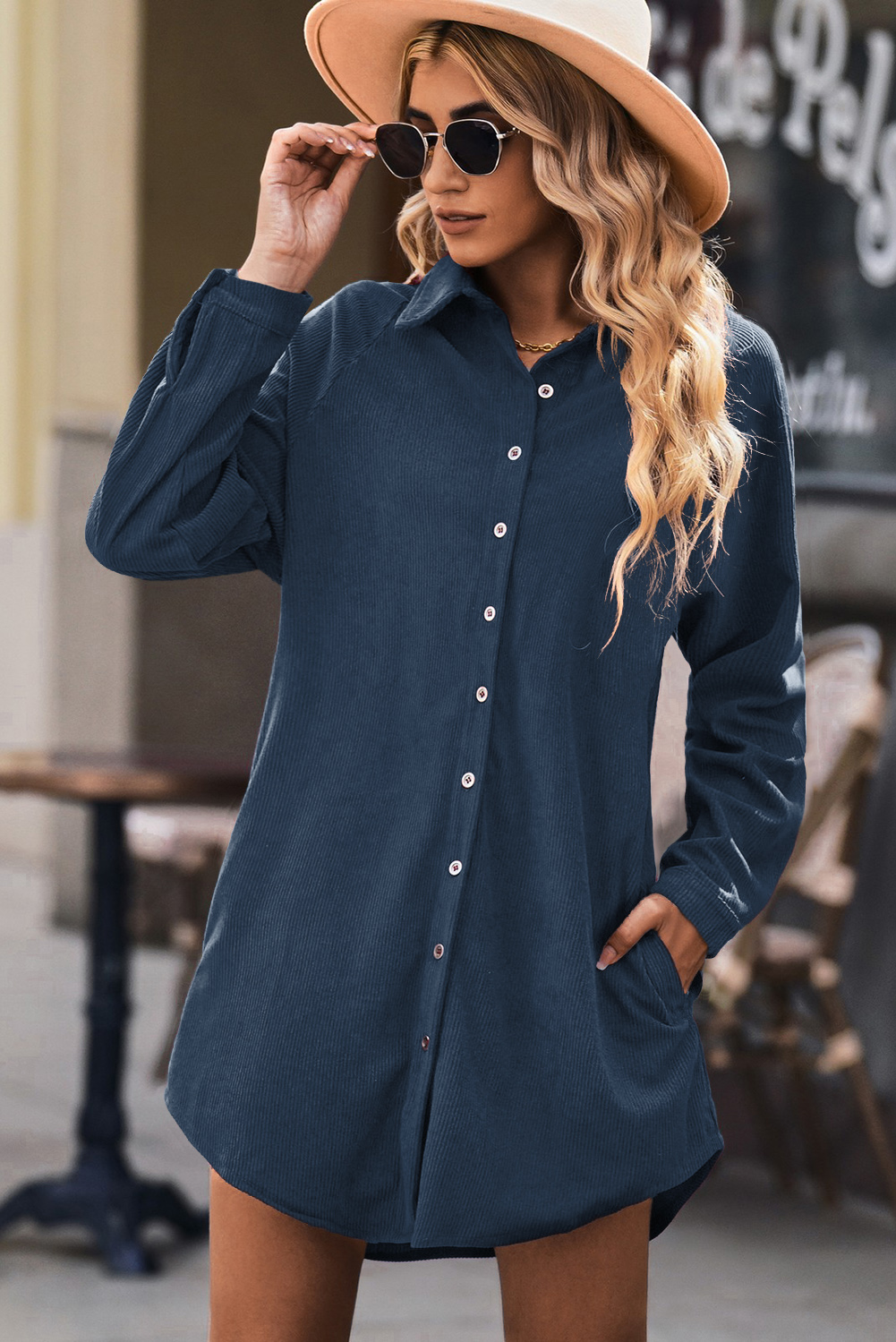 Casual Oversized Blue Corduroy Dress with Long Sleeves - Perfect for Daily Wear - Detail View 7