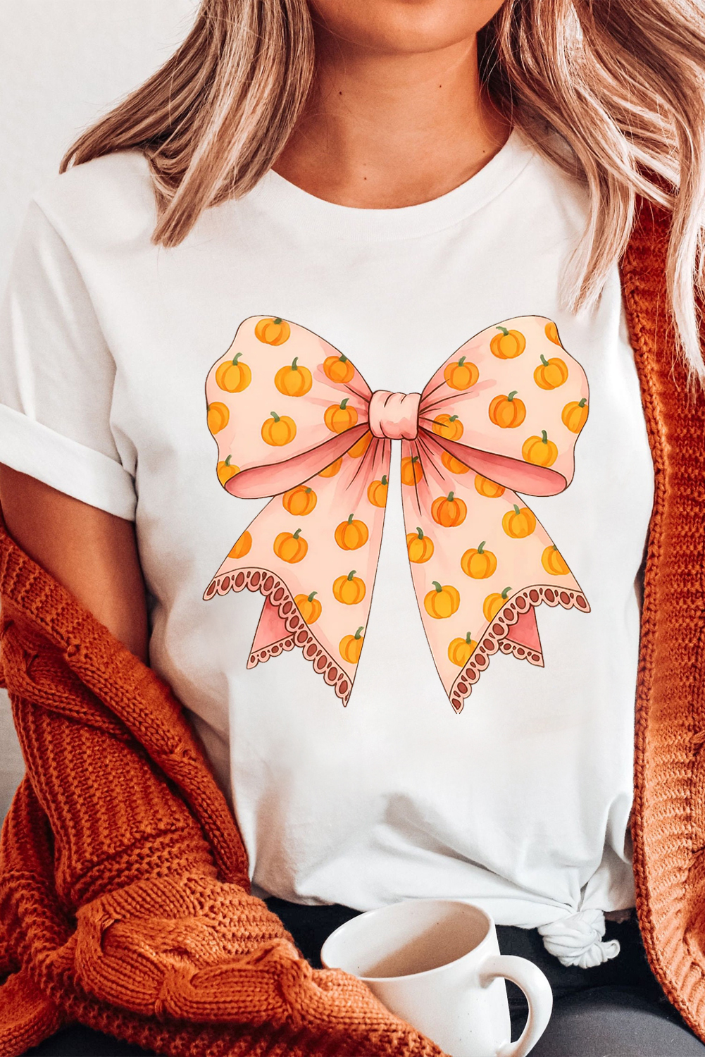 Casual Round Neck Tee - Festive Bow and Tiny Pumpkin Design for Thanksgiving - Detail View 2