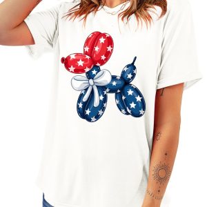 Women's Casual White Balloon Dog Graphic T-Shirt - American Flag Inspired - Main View