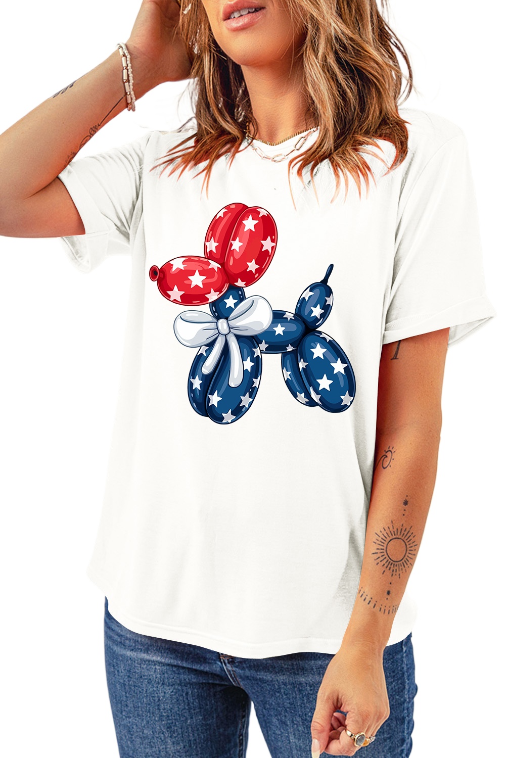 Women's Casual White Balloon Dog Graphic T-Shirt - American Flag Inspired - Main View