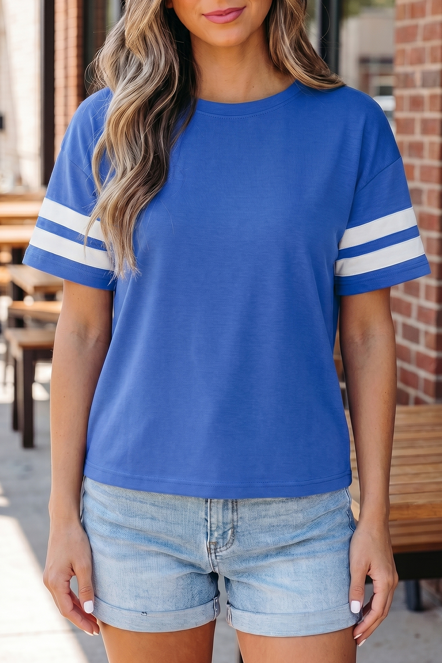 Sporty Women's Dark Blue Varsity Tee – Striped Short Sleeve Shirt for Game Day and Daily Wear - Detail View 2