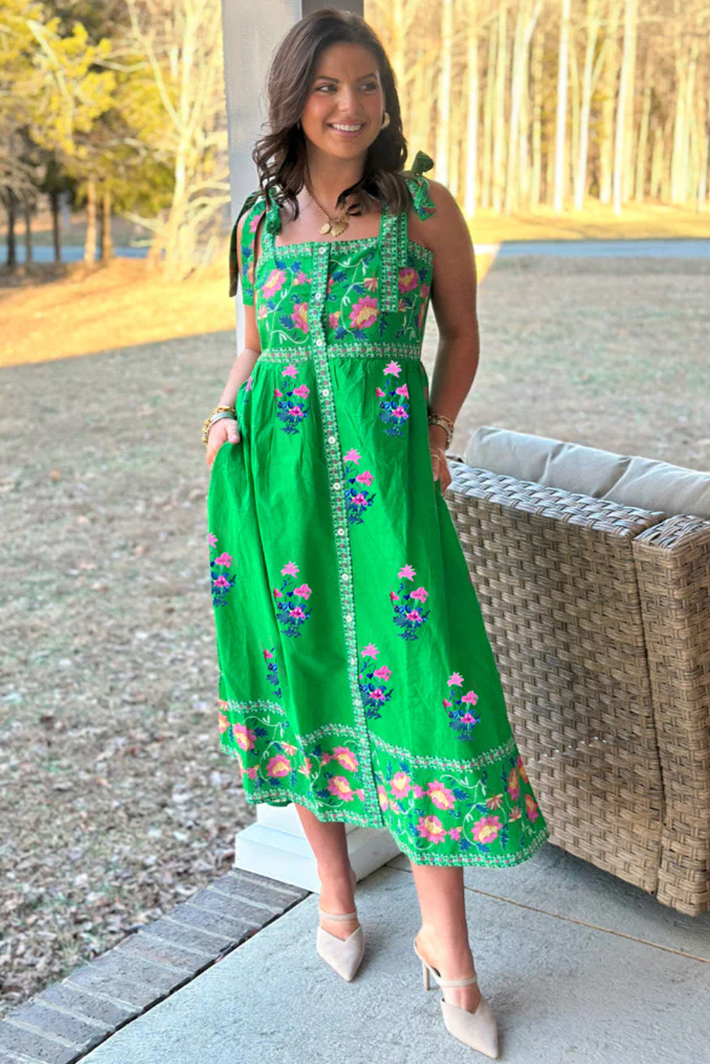 Elegant Sleeveless Green Floral A-Line Midi Dress - High Waistline and Trendy Design - Detail View 6