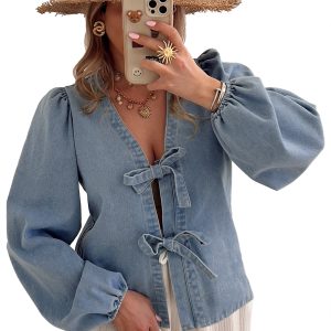 Chic Dusk Blue Tied Front Long Puff Sleeve Denim Top for Women - Main View