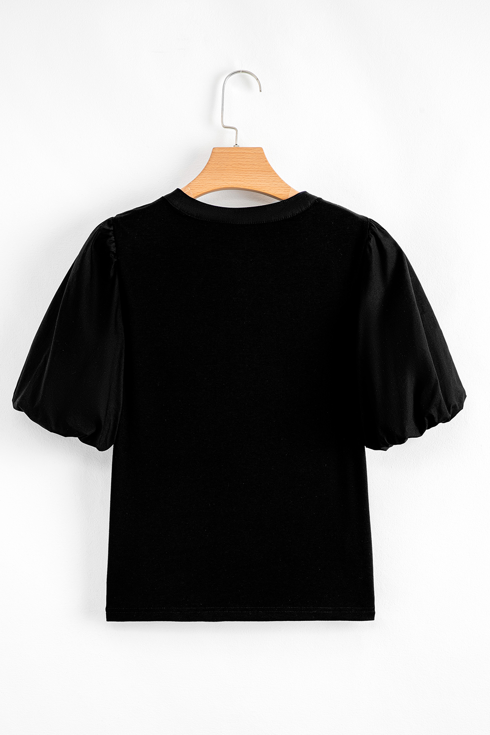 Women's Top, Black Ribbed, Puff Sleeve, Slim Fit, Half Button Placket, Casual Style, Patchwork Design, Daily Wear, Summer Fashion, Textured Fabric, Elegant Look, Easy to Match, Versatile, Sheath Silhouette, Round Neck - Detail View 8