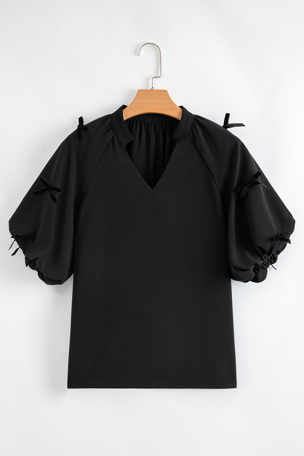 Women's Black Puff Sleeve Bow Decor Split Neck Blouse - Elegant V Neck Top - Detail View 5