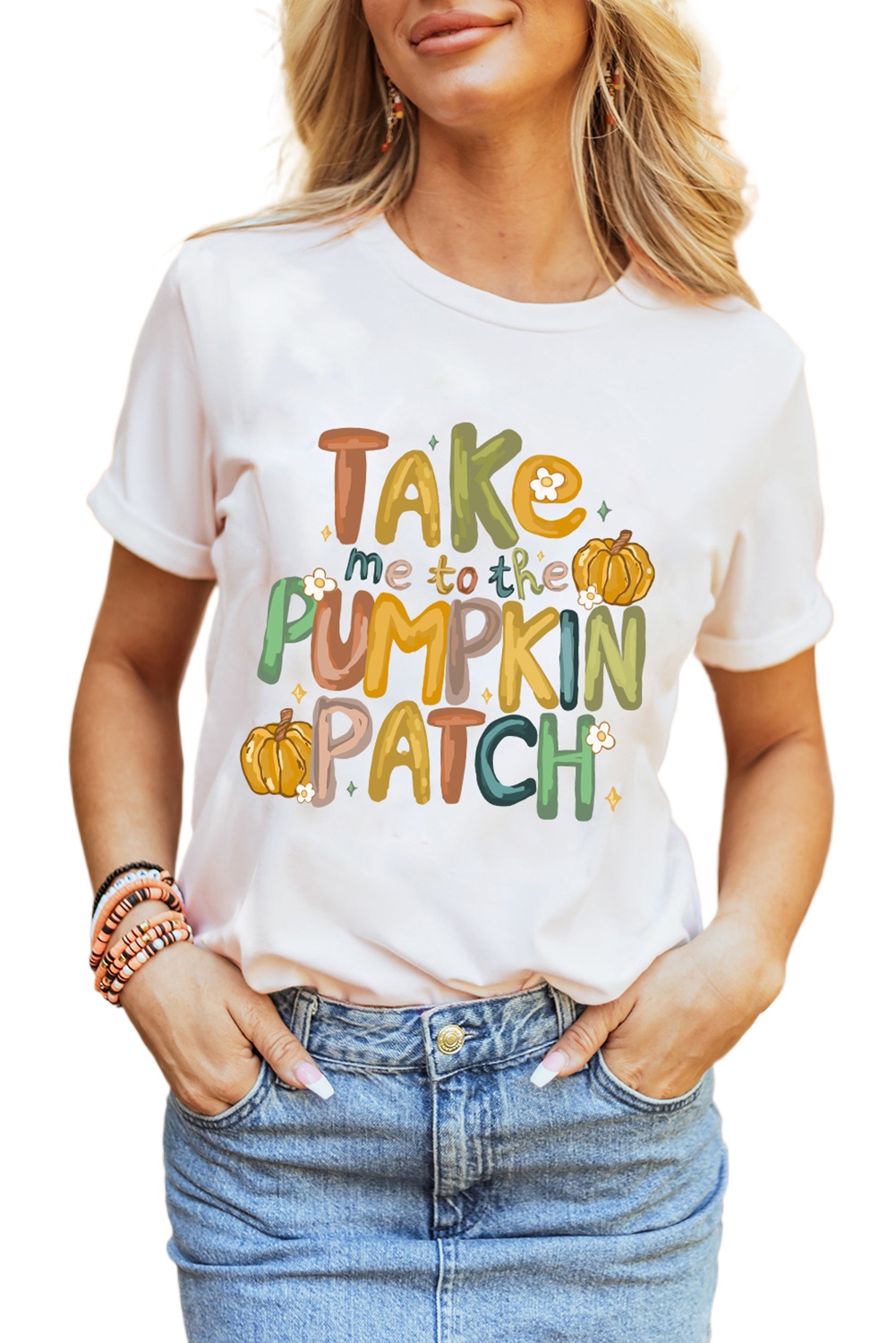 Women's White 'Take Me To The Pumpkin Patch' Graphic T-Shirt - Casual Fall Tee - Main View