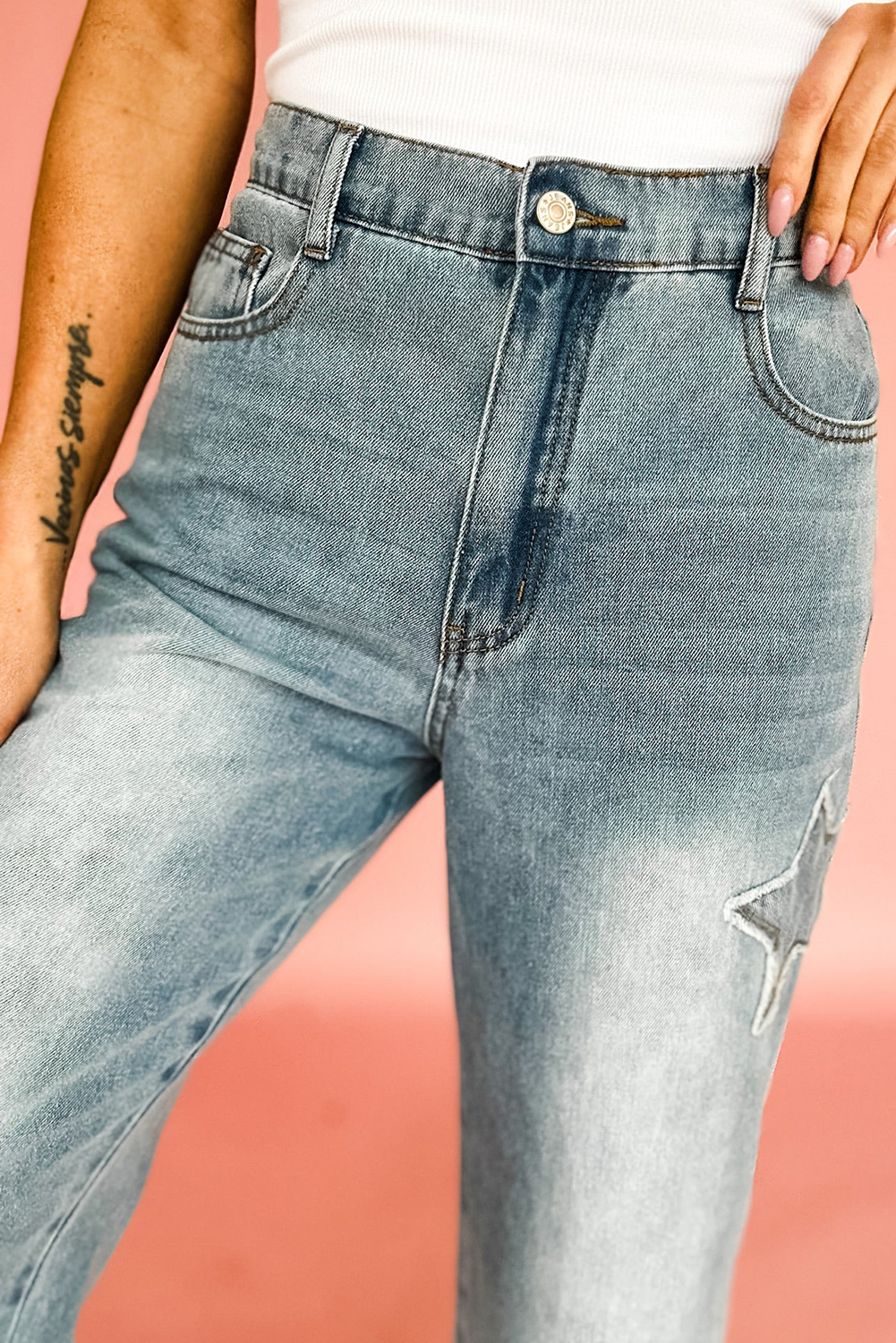 Chic and Comfortable High Rise Cropped Wide Leg Jeans - Stone Blue - Detail View 6