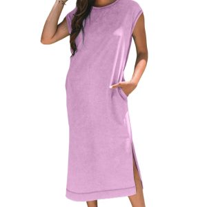 Women's Wisteria Mineral Wash Pocketed T-Shirt Long Dress with Side Slits - Main View