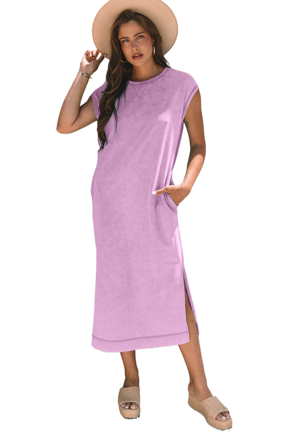 Women's Wisteria Mineral Wash Pocketed T-Shirt Long Dress with Side Slits - Main View
