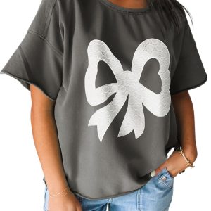 Women's Medium Grey Lace Bow Raw Edge Drop Shoulder Casual T-Shirt - Main View