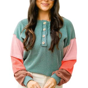 Women's Multicolour Twisted Ribbed Knit Colorblock Henley Top - Stylish & Casual - Main View
