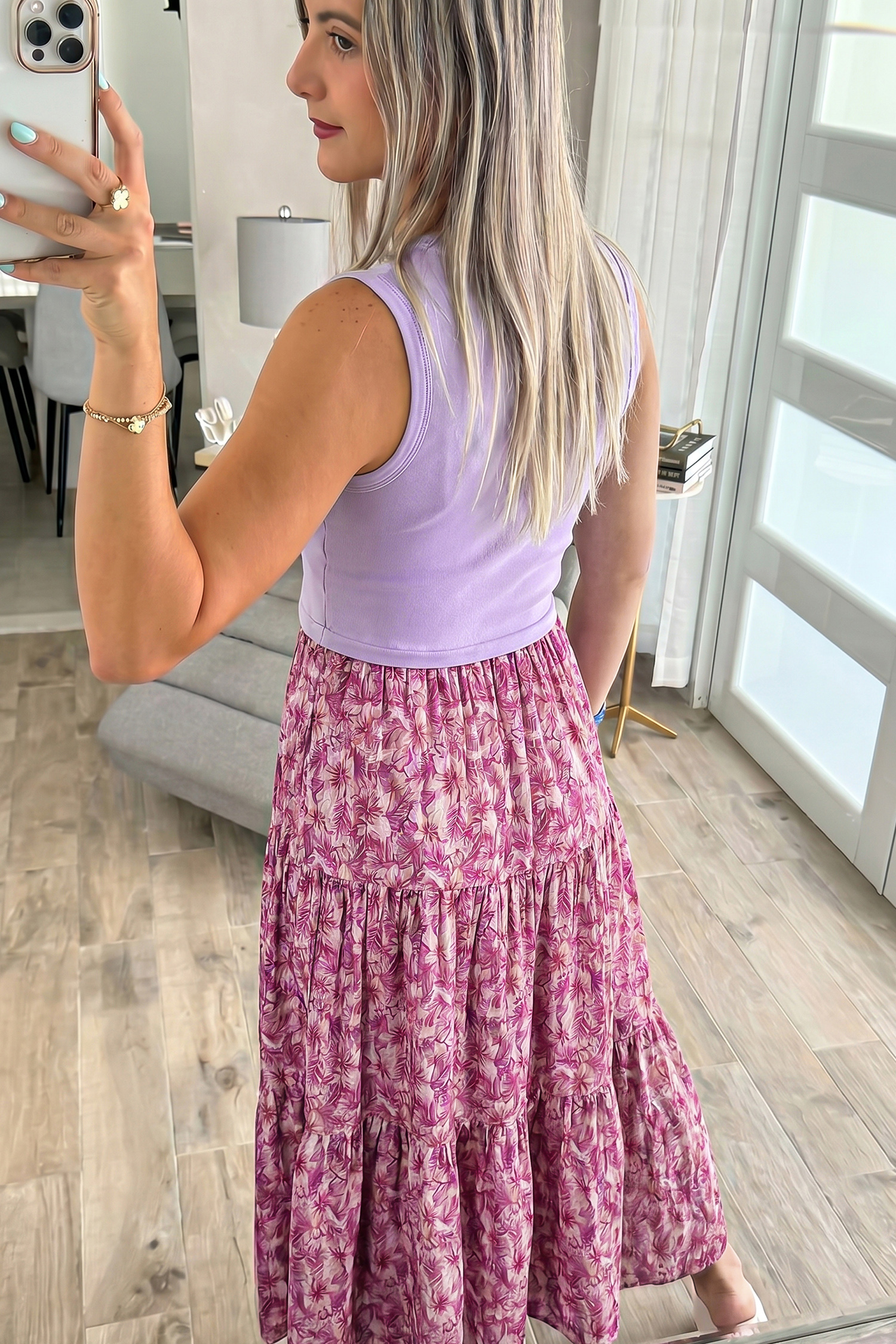 Summer Vacation Women's Purple Floral Maxi Dress – Sleeveless V-Neck, High Waist Shift Style - Detail View 2