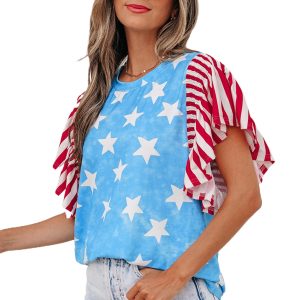 Women's Patriotic Star Print Top – Short Sleeve Ruffle Detail, Casual Independence Day Shirt - Main View
