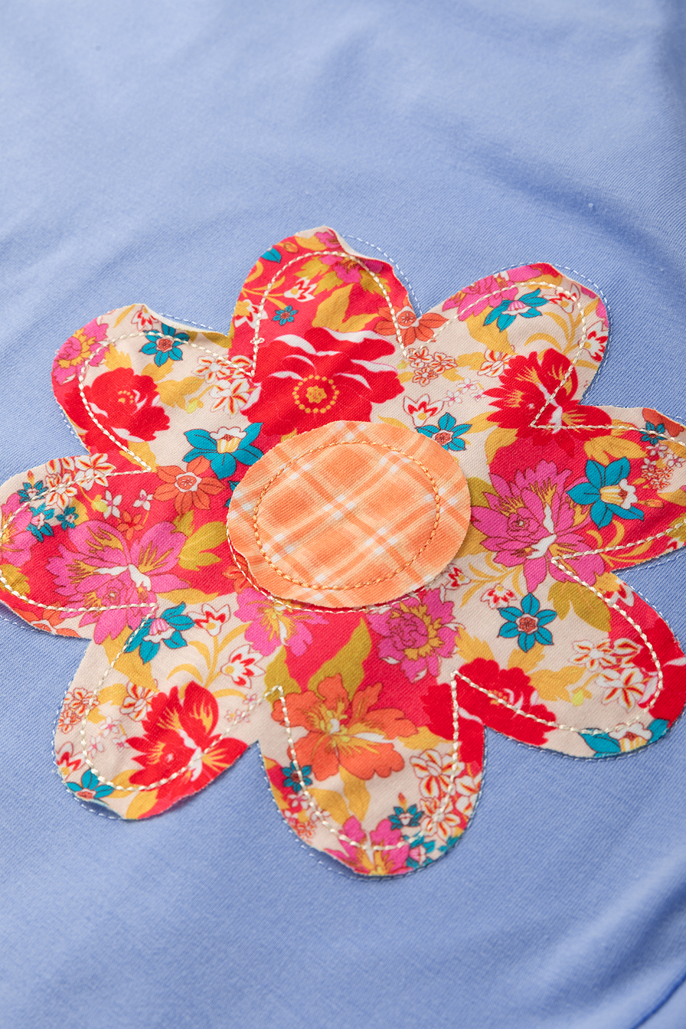 Comfortable Loose Fit Round Neck Top for Women - Versatile Sky Blue Floral Tee - Detail View 7
