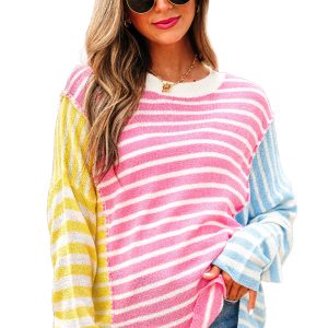 Women's Multicolour Color Block Striped Dolman Sleeve Slit Sweater - Cozy Casual Pullover for Fall - Main View