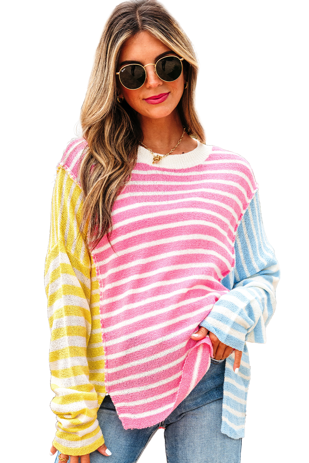 Women's Multicolour Color Block Striped Dolman Sleeve Slit Sweater - Cozy Casual Pullover for Fall - Main View