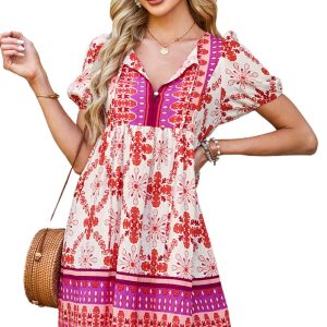 Women's Rose Boho Floral Short Sleeve Lace-up V Neck Mini Dress for Summer - Main View