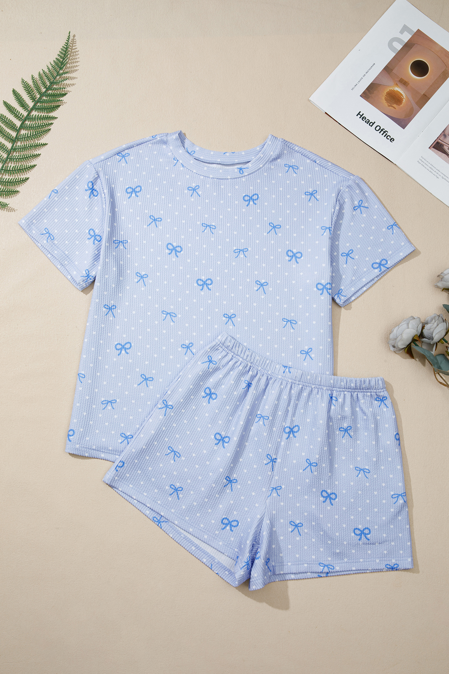 Women's 2-Piece Summer Shorts Set – Sky Blue Heart Bow Print, Stylish Gift for Her - Detail View 3