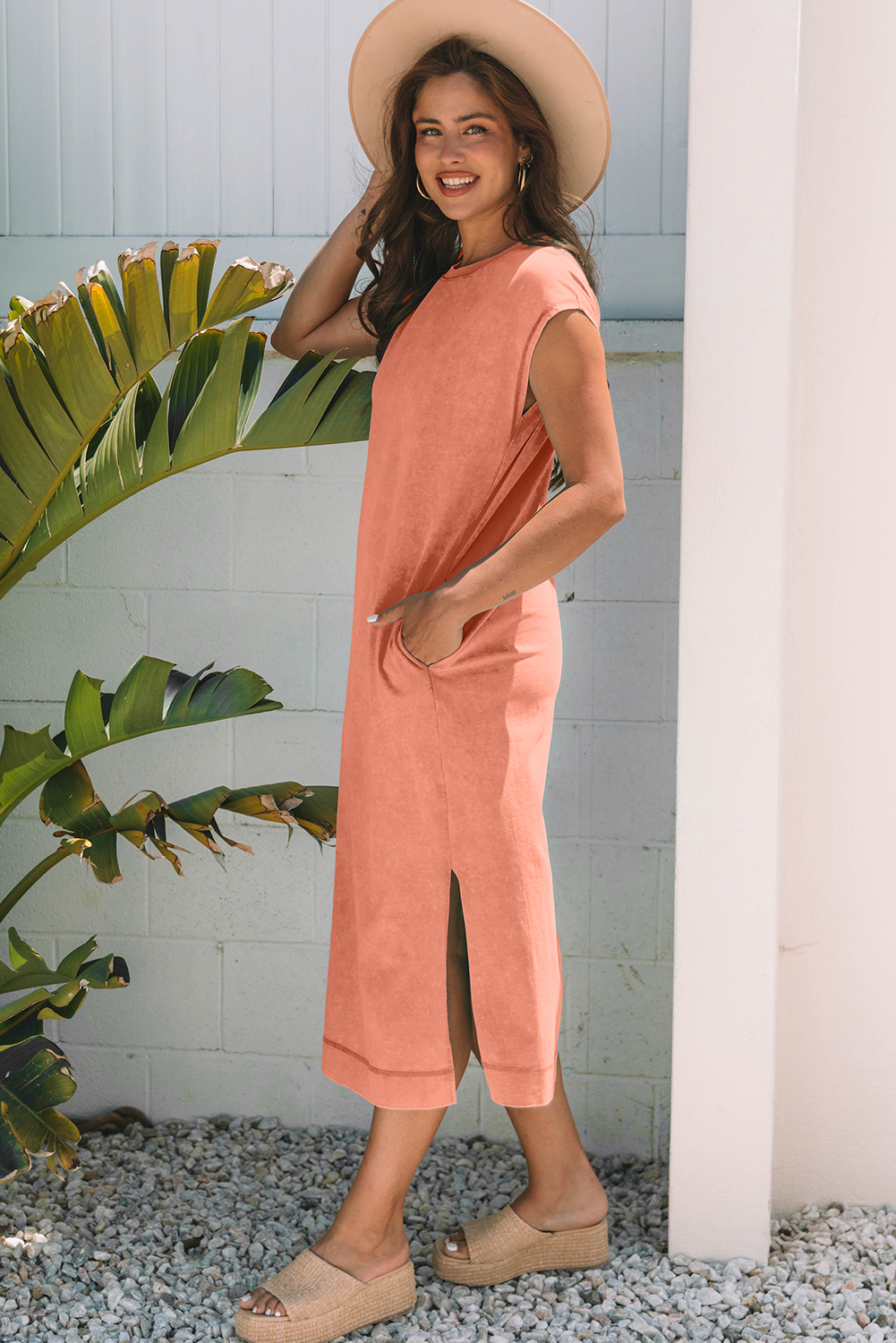 Versatile Everyday Wear: Women's Solid Color Long Dress in Carrot Mineral Wash - Detail View 3