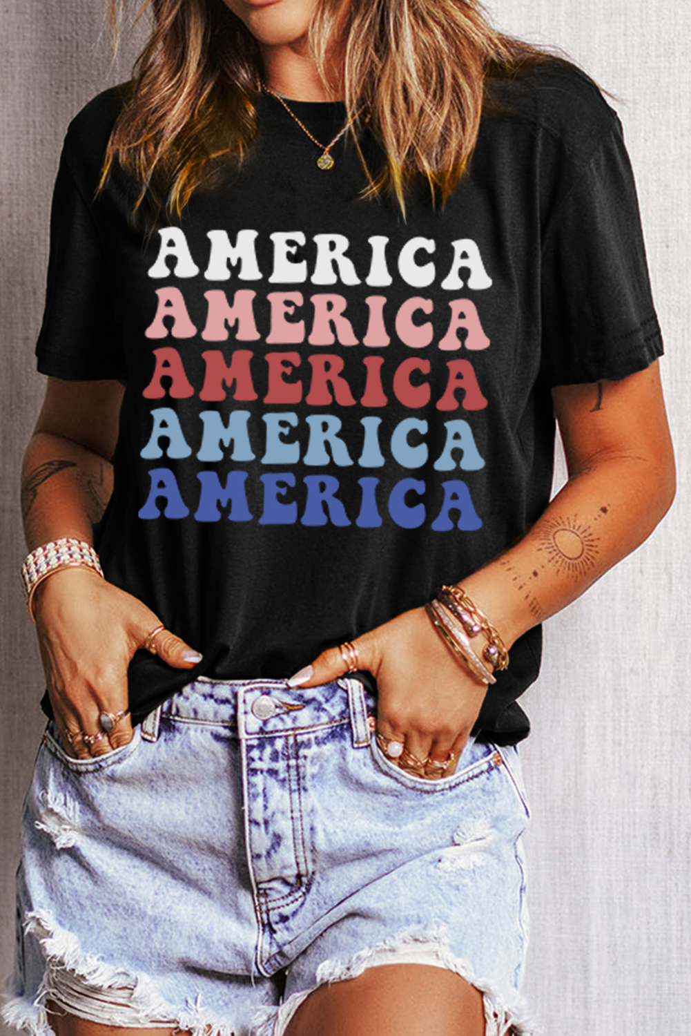 Comfortable Black Crewneck T-Shirt with Slogan Print - Ideal Summer Wear for Patriotic Events - Detail View 7