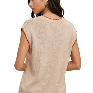 Women's Western HOWDY Knit Sweater – Parchment Short Sleeve Top with Contrast Trim - Main View