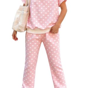 Women's Pink Polka Dot Mock Neck Top and Shift Pant Set – Casual Summer Two-Piece Lounge Outfit - Main View