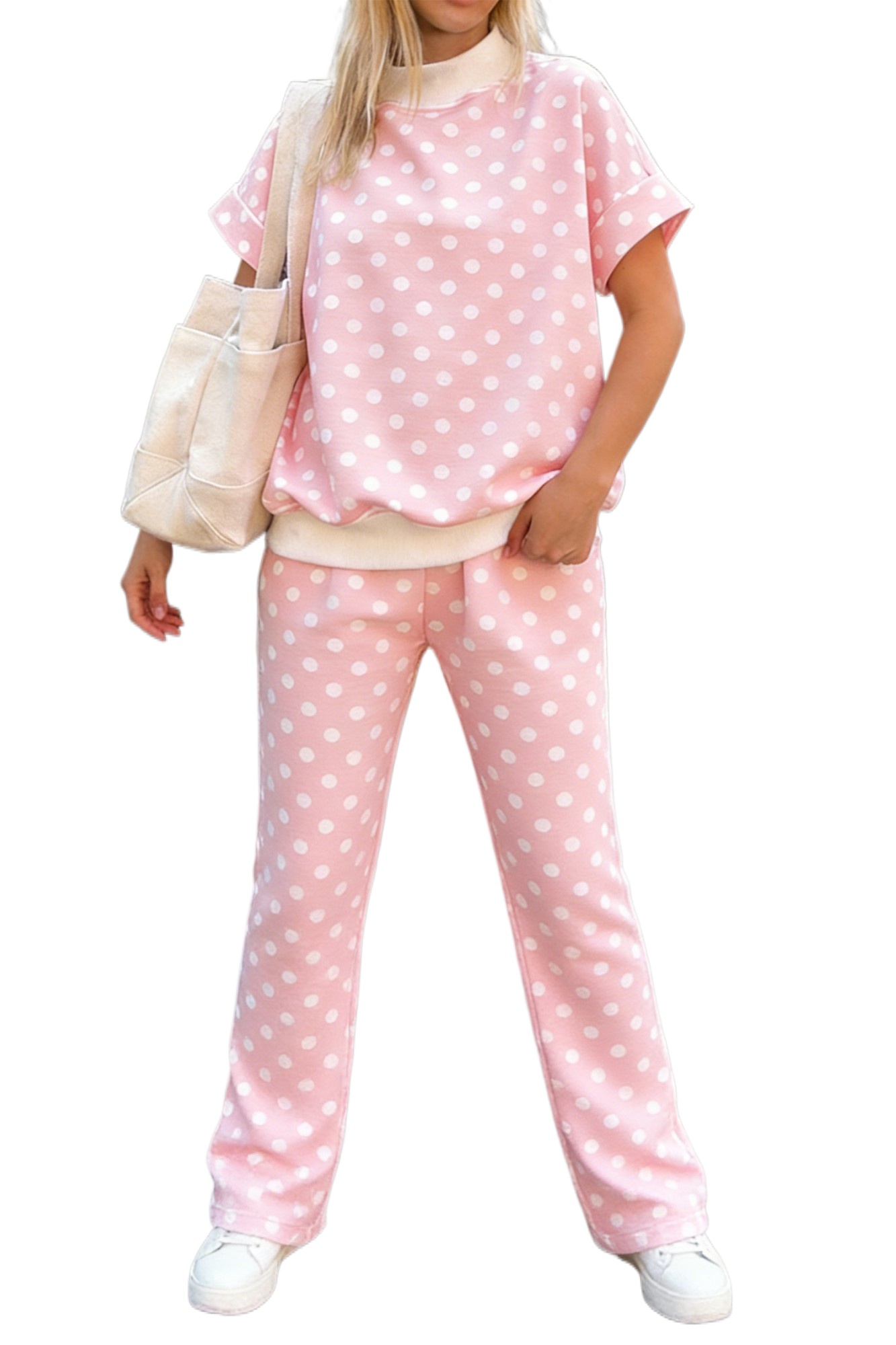 Women's Pink Polka Dot Mock Neck Top and Shift Pant Set – Casual Summer Two-Piece Lounge Outfit - Main View