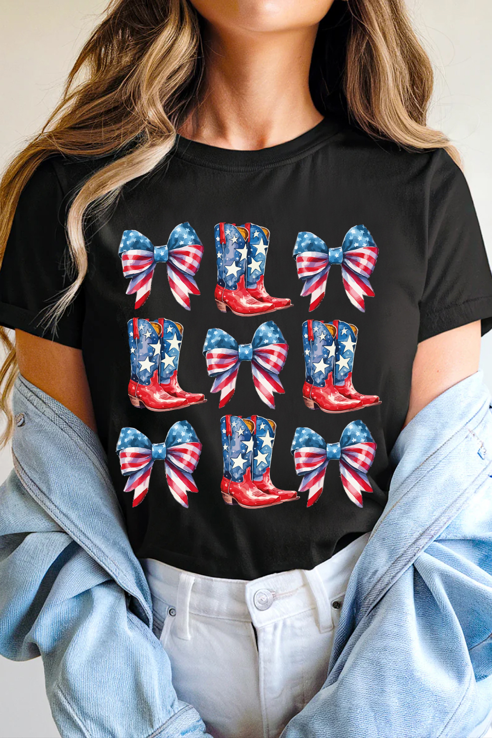 Women's Black Stars and Stripes Cowgirl Boots Graphic Tee - Patriotic Bowknot Design - Detail View 5