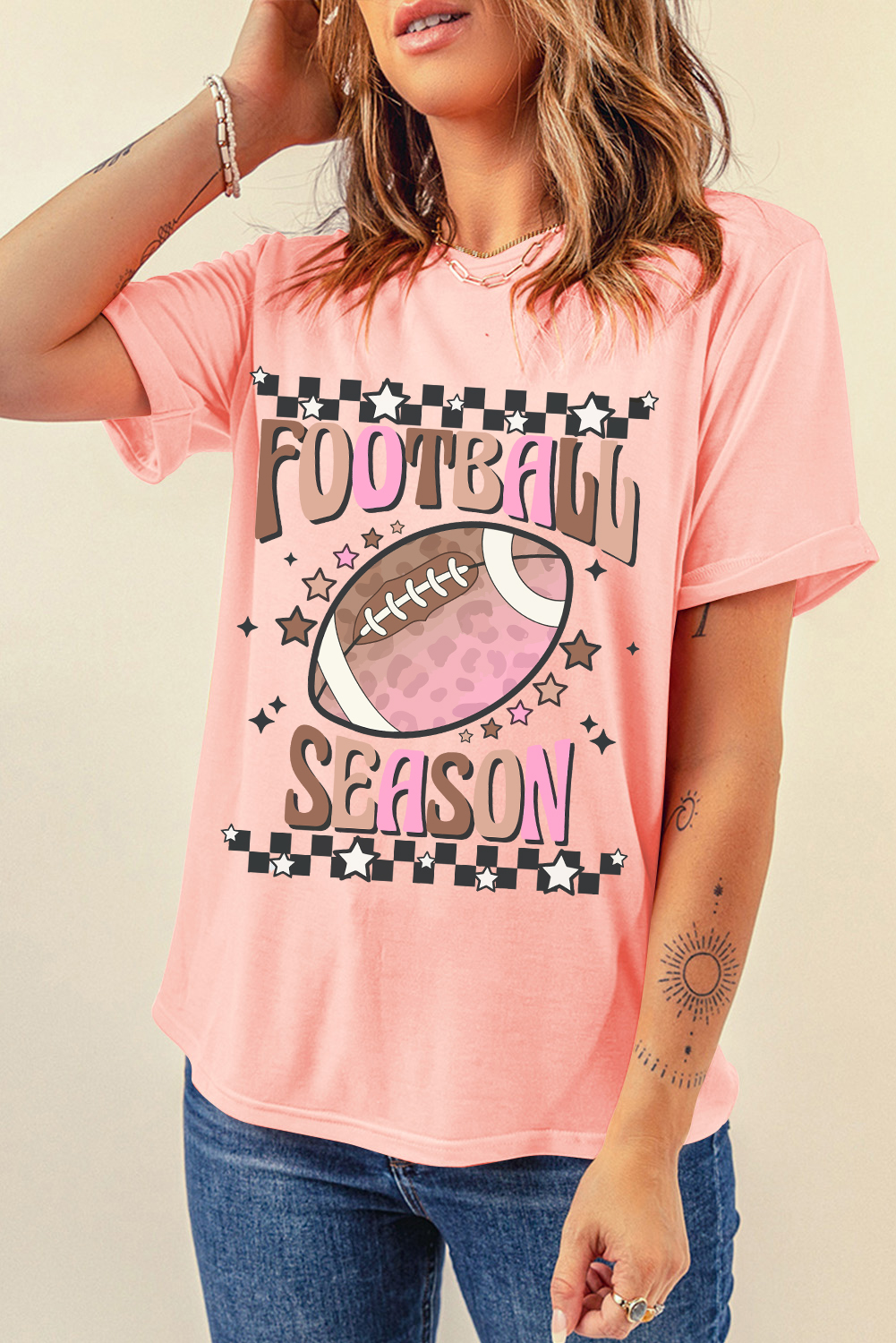 Women's T-Shirt, Pink Graphic Tee, Football Season, Game Day Shirt, Casual Wear, Team Spirit, Soft Cotton Blend, Relaxed Fit, Short Sleeve, Round Neck, Everyday Comfort, Slogan Shirt, Sports Apparel - Detail View 8