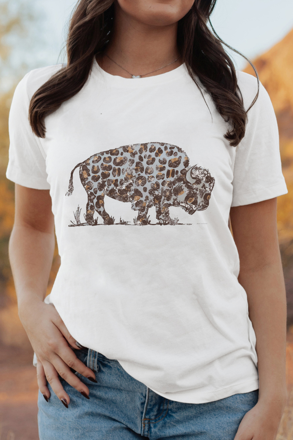 Women's White Leopard Western Buffalo Graphic Tee - Casual Short Sleeve T-Shirt - Detail View 5