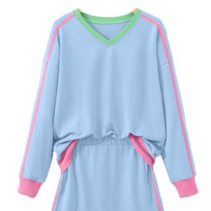 Women's Sky Blue Athleisure Set – Ribbed V-Neck Pullover & High Waist Mini Skort for Sporty Daily Wear - Main View