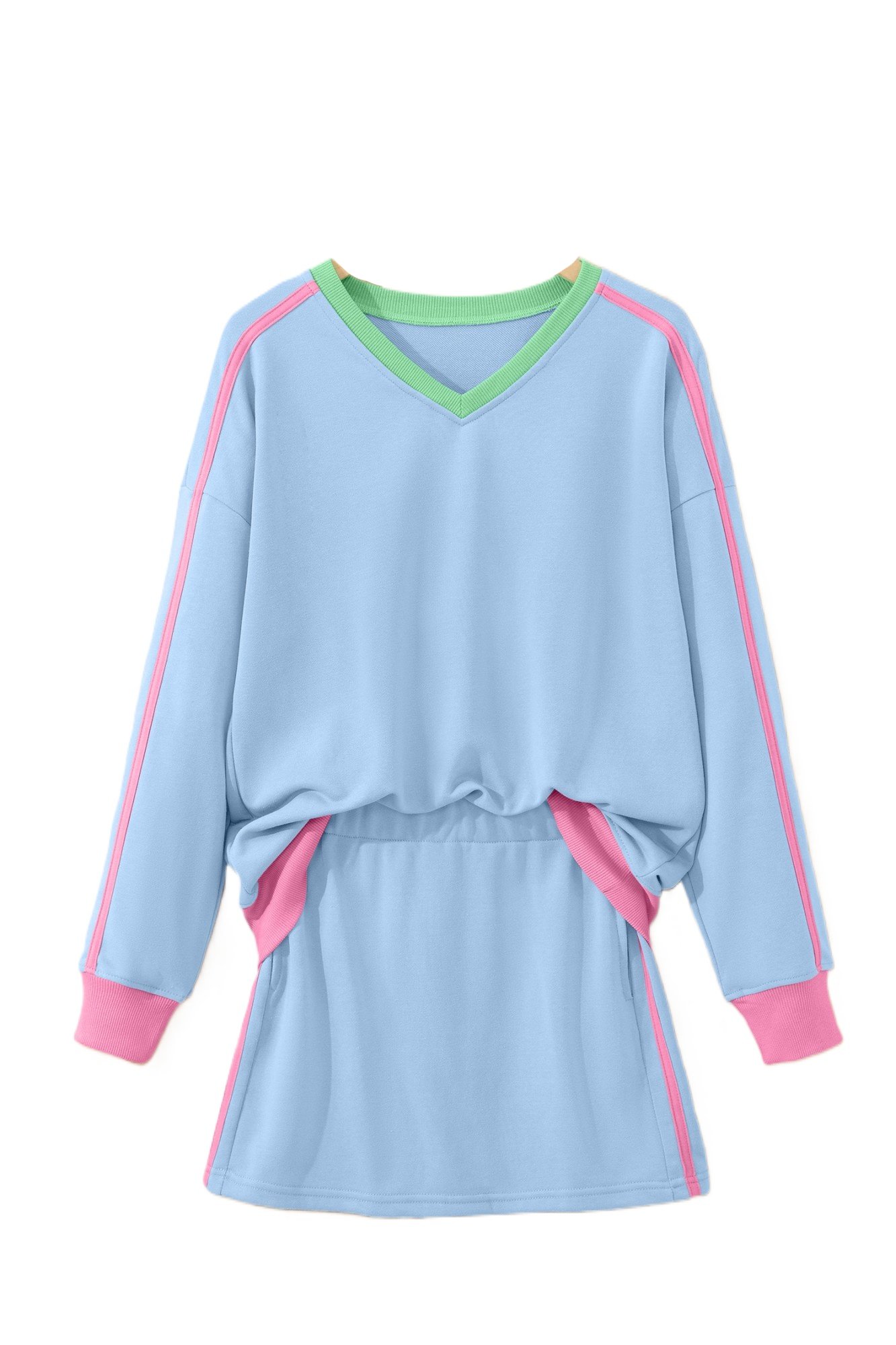 Women's Sky Blue Athleisure Set – Ribbed V-Neck Pullover & High Waist Mini Skort for Sporty Daily Wear - Main View