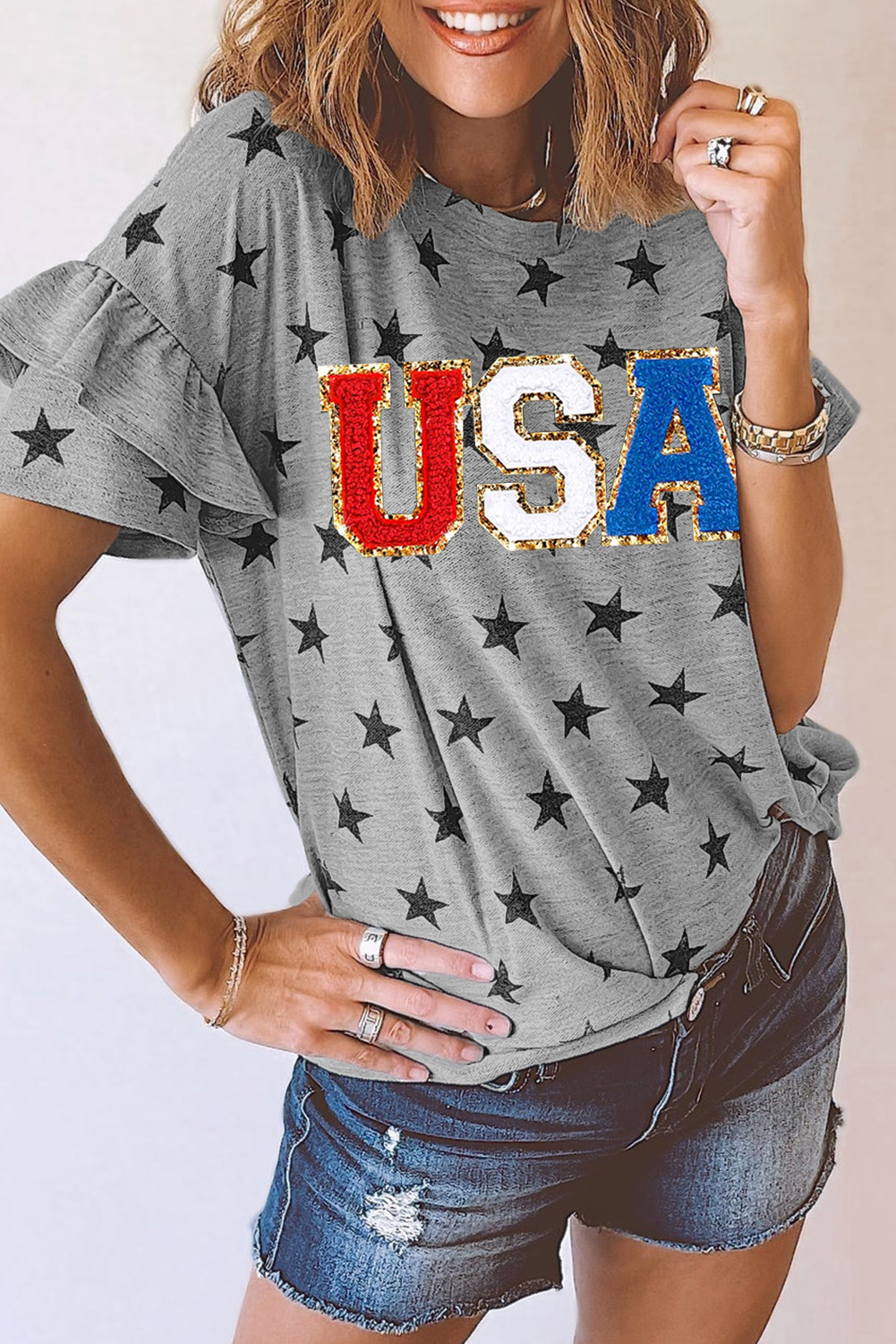 Casual Gray Graphic T-Shirt with Ruffle Sleeves and USA Lettering - Detail View 2