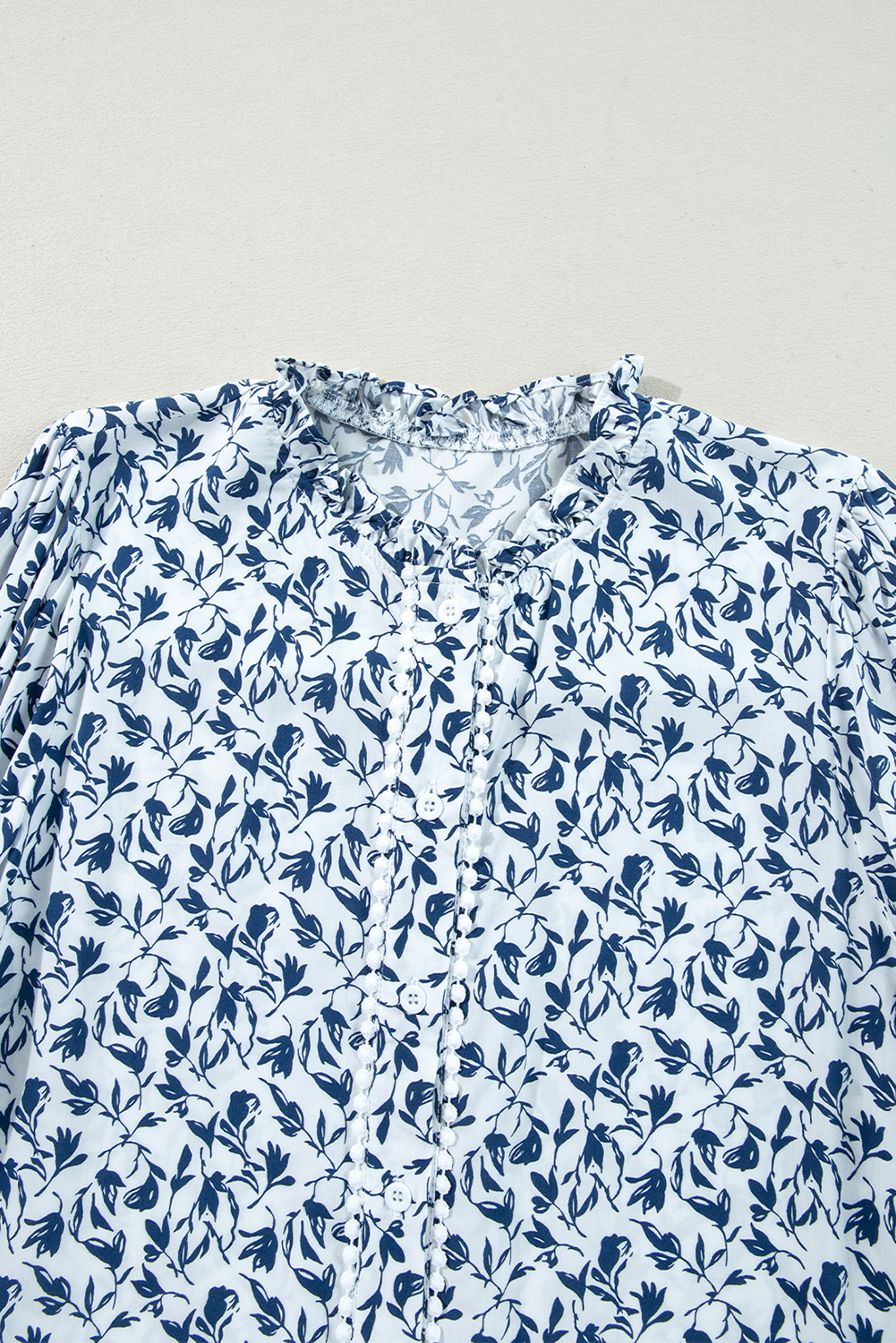 Women's Blouse, Blue Printed, Floral Pattern, Lace Detail, Puff Sleeves, Fall Fashion, Casual Wear, Daily Occasion, Long Sleeve, V Neck, Elegant Design, Shift Silhouette, Easy to Match, Tops & Shirts - Detail View 12
