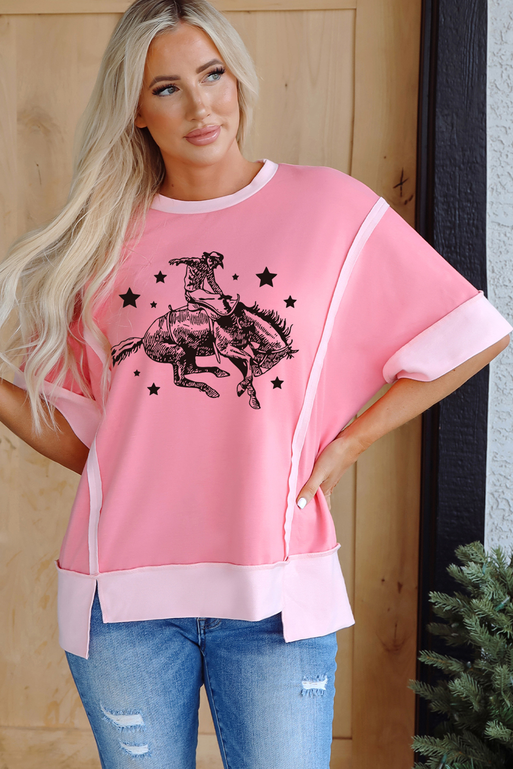 Women's Peach Blossom Raw Seam Mix Texture Patchwork Rodeo Graphic Tee - Detail View 9
