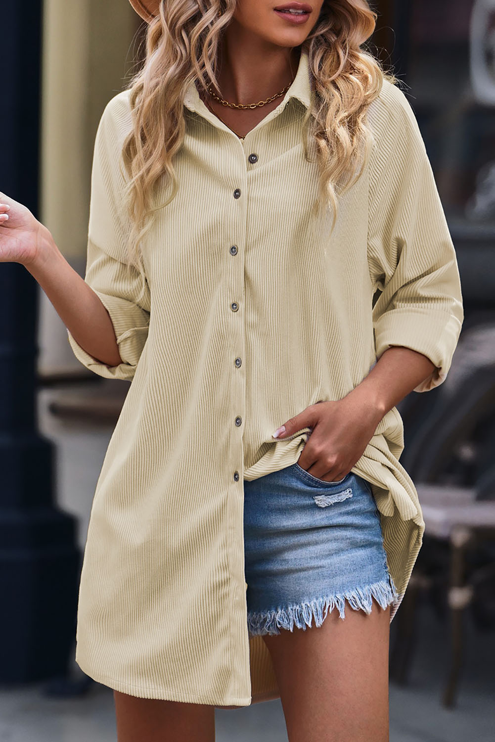 Chic Western-Inspired Shift Dress - Full Button Closure in Cozy Corduroy - Detail View 11
