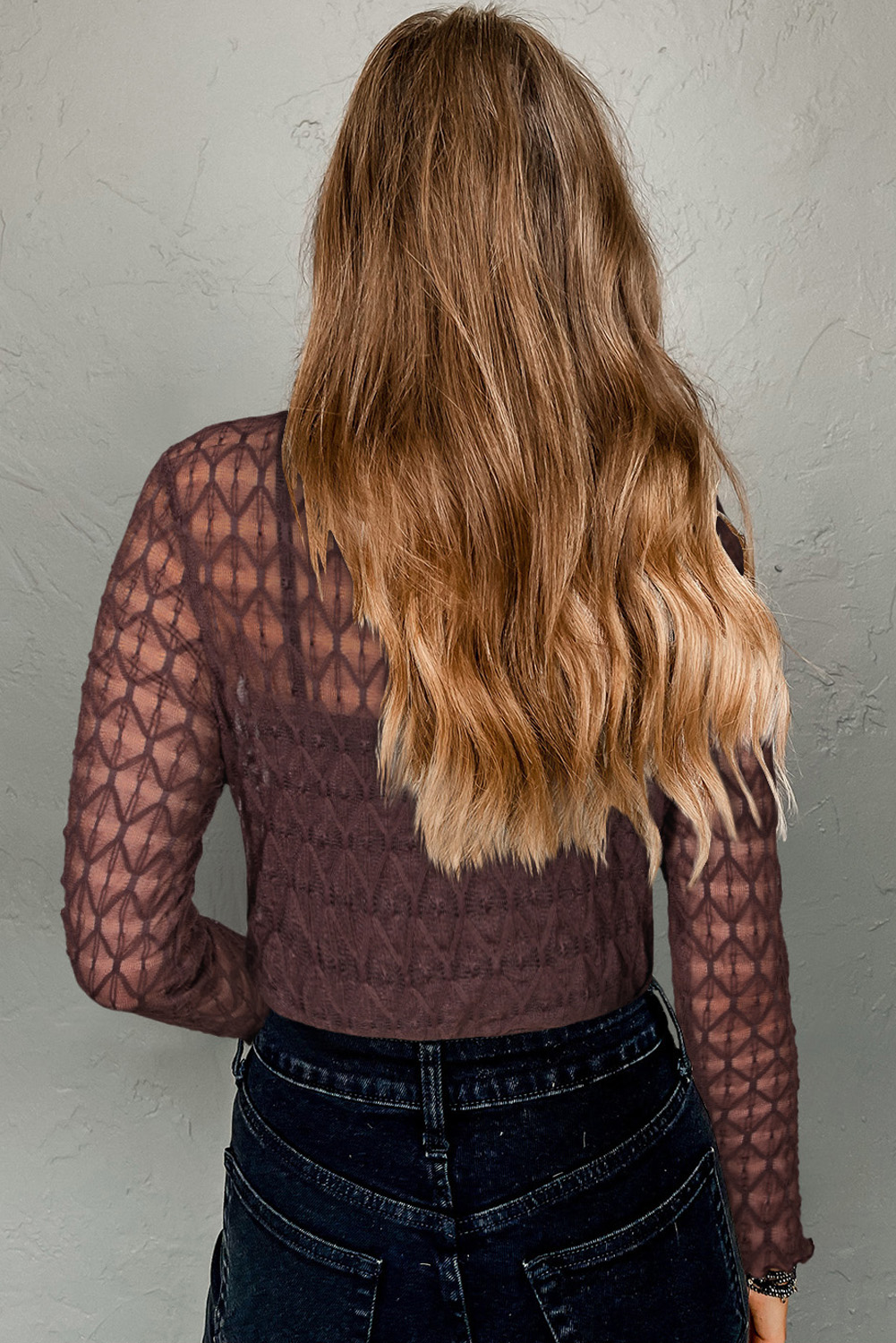 Women's Coffee Sheer Mesh Long Sleeve Top with Lettuce Trim - Modern & Edgy Design - Detail View 9