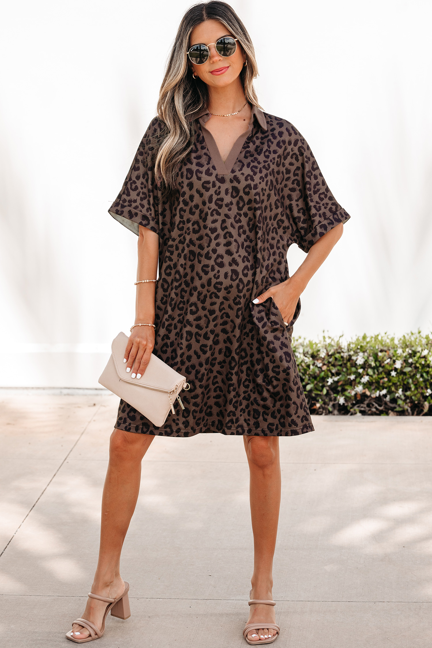 Women's Brown Leopard Print Mini Dress – Short Sleeve Shift Dress with Contrast Collar for Summer Daily Wear - Detail View 16
