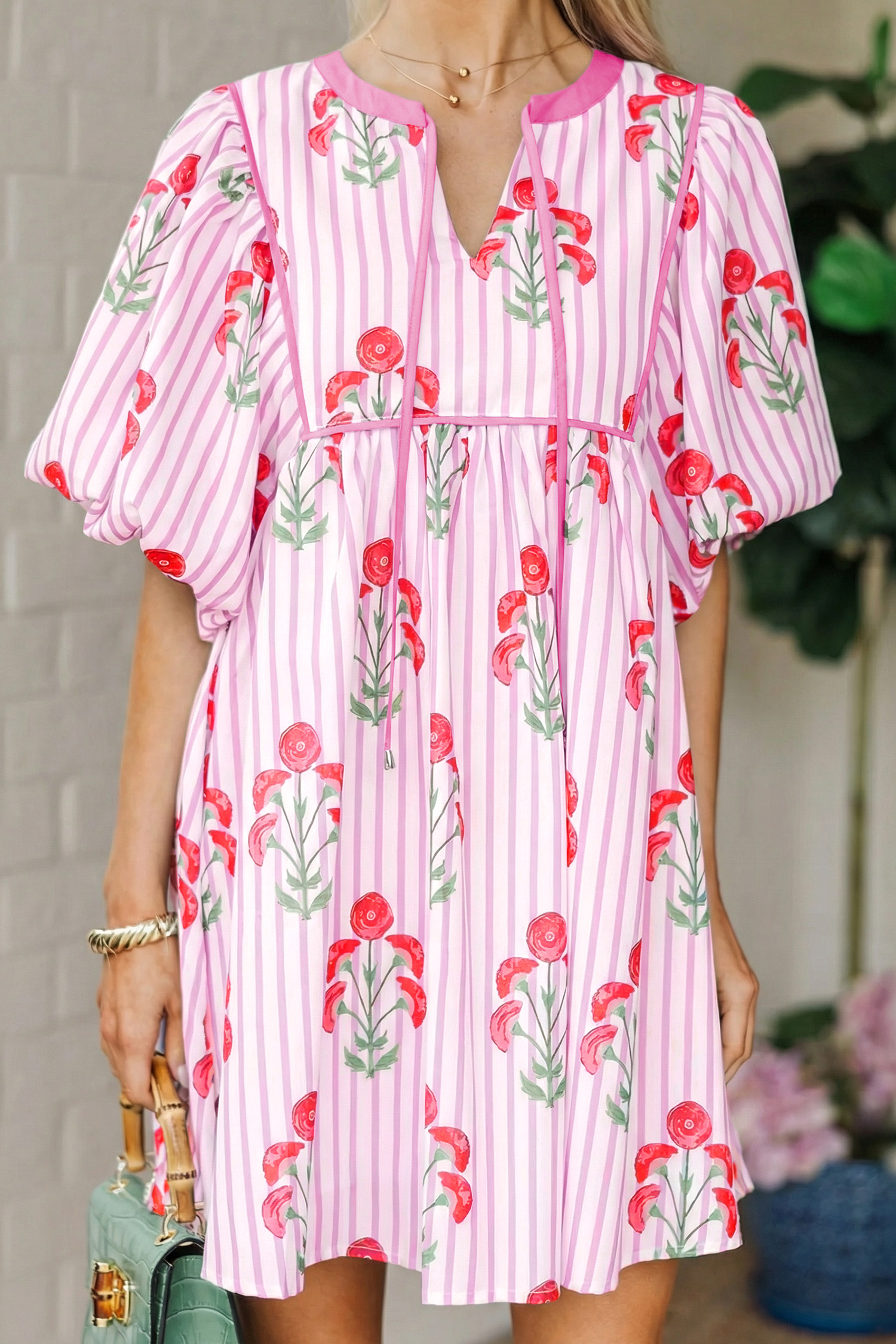 Casual Pink Floral Striped Mini Dress for Women – Tie Notched Neck Puff Sleeve, 100% Polyester - Detail View 3