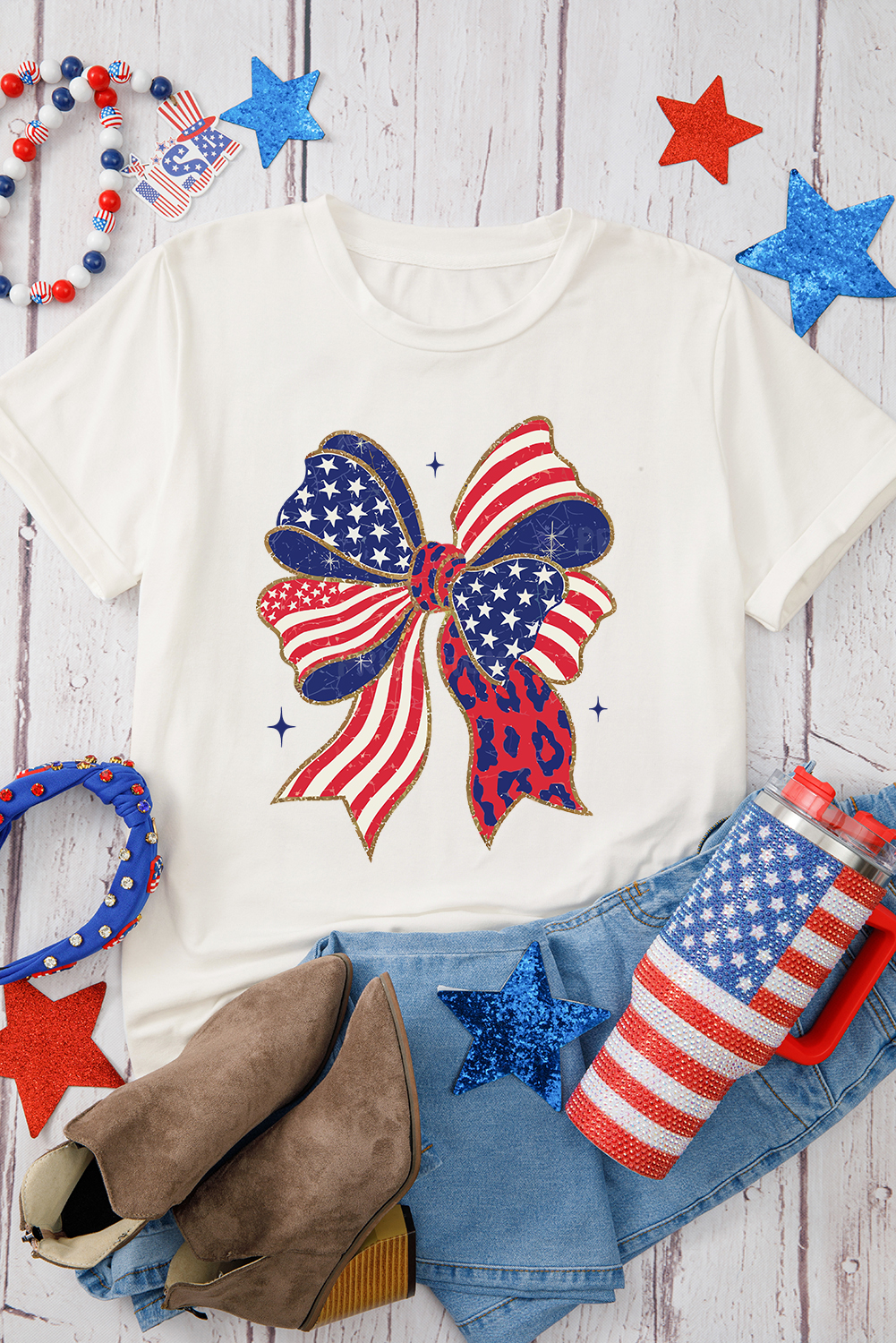Casual Round Neck Tee with Playful Bow Accent - Independence Day Style - Detail View 2