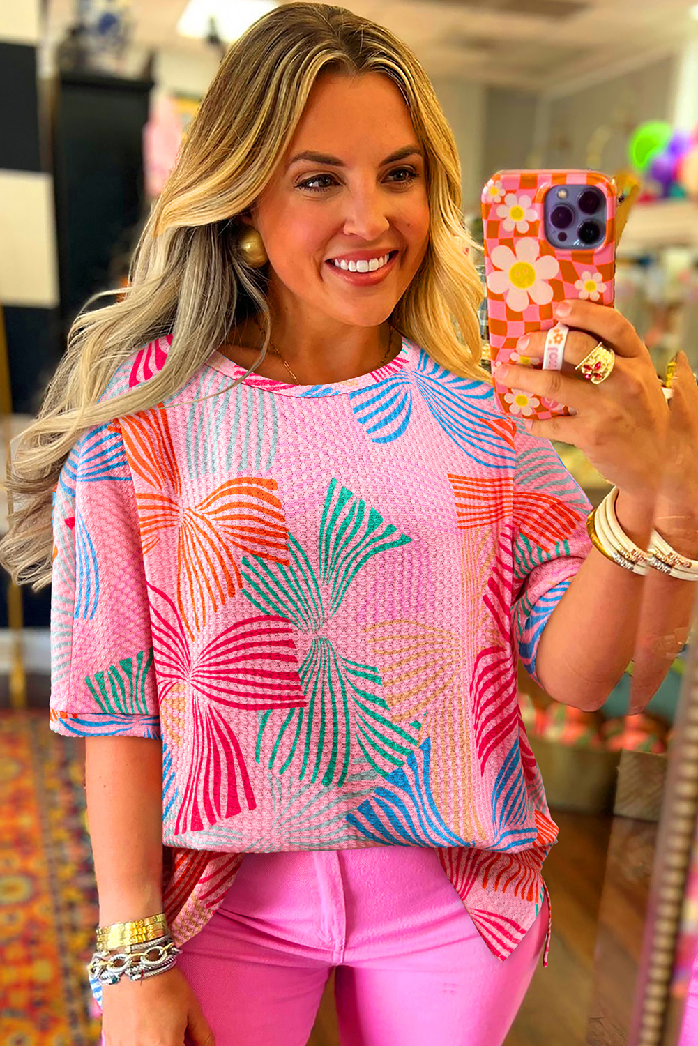 Women's Pink Bowknot Printed Waffle Crewneck Short Sleeve Top - Detail View 5