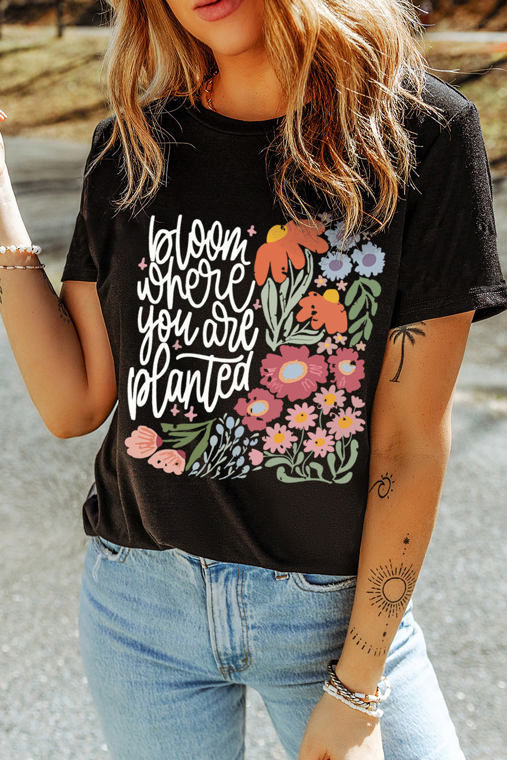 Women's T-Shirt, Black Floral Print, Bloom Where You Are Planted, Casual Style, Short Sleeve, Round Neck, Summer Fashion, Graphic Tees, Soft Fabric, Comfortable Wear, Versatile Top, Daily Wear - Detail View 8