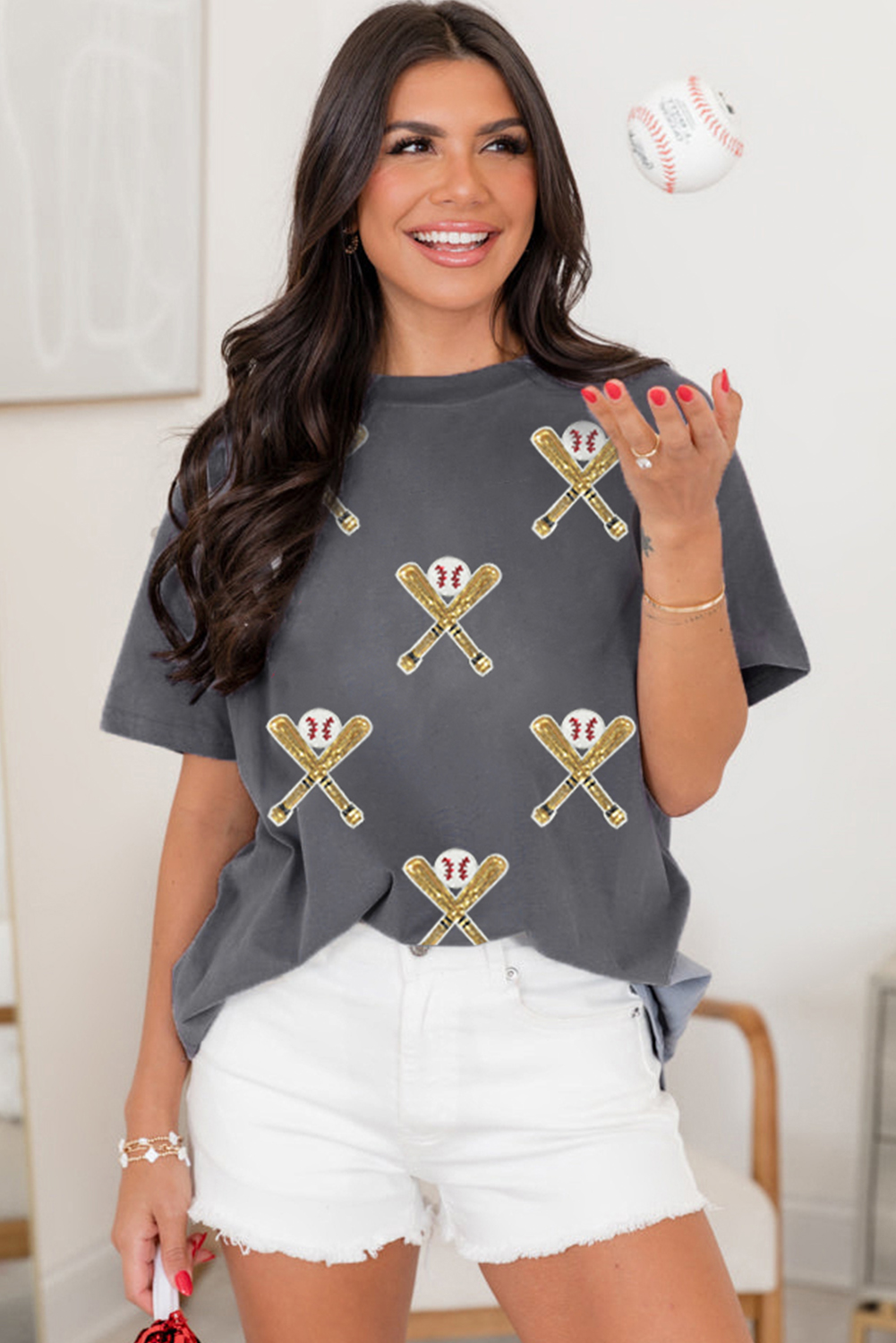 Women's Gray Sequined Game Day Casual Tee - Baseball Graphic T-Shirt - Detail View 9