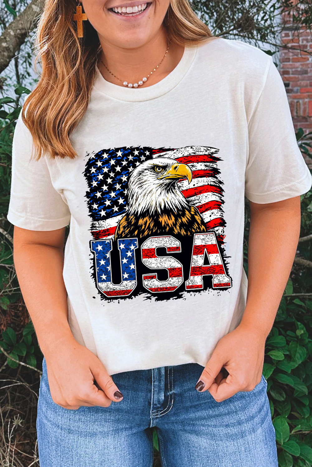 Casual Round Neck Eagle Flag Tee - Perfect for Independence Day - Detail View 2