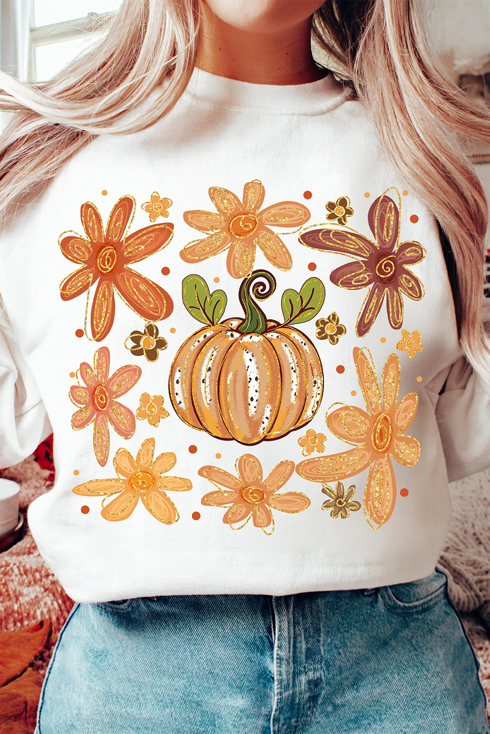 Women's Cozy White Flower Pumpkin Printed Cotton Blend Sweatshirt - Detail View 5