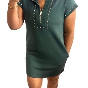 Women's Studded Zip Up T-Shirt Dress – Short Sleeve Evergreen Shift Dress with Pockets, Casual Summer Style - Main View