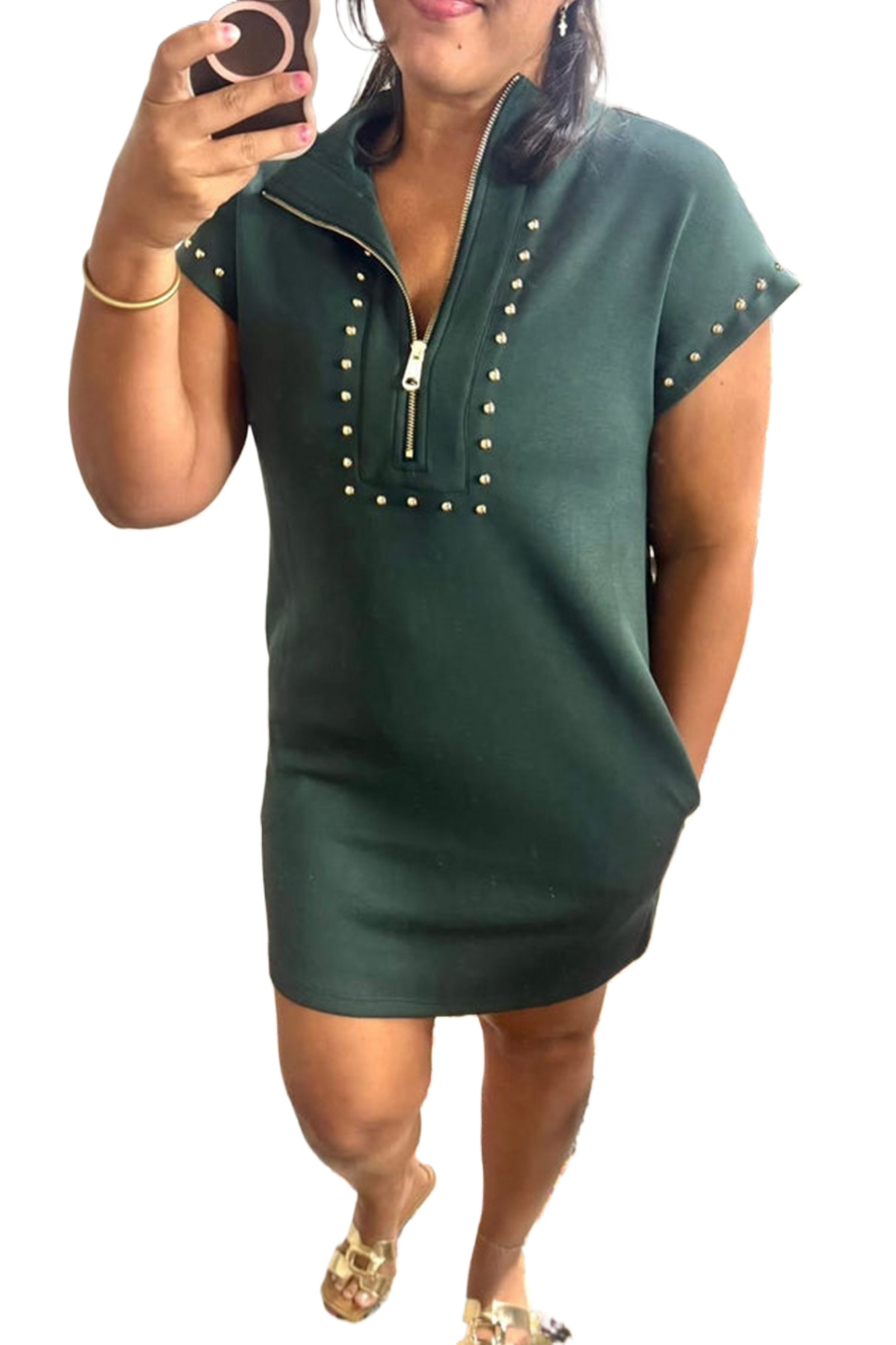 Women's Studded Zip Up T-Shirt Dress – Short Sleeve Evergreen Shift Dress with Pockets, Casual Summer Style - Main View